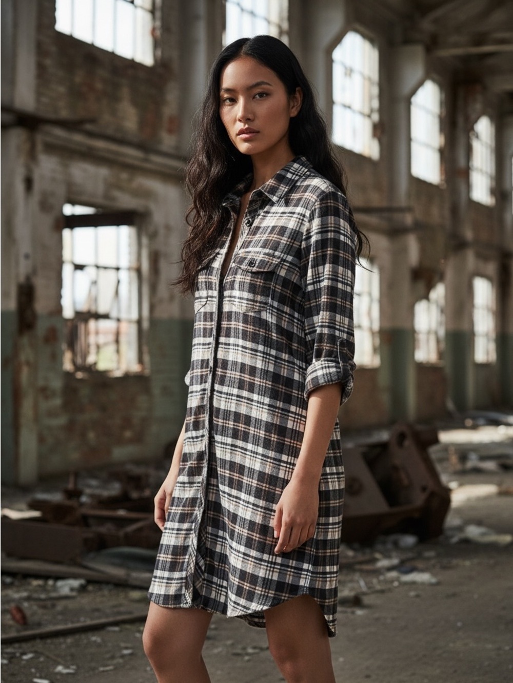 Ultra Flint Plaid Flannel Shirt Dress L (Juniors) Long Sleeve Tunic